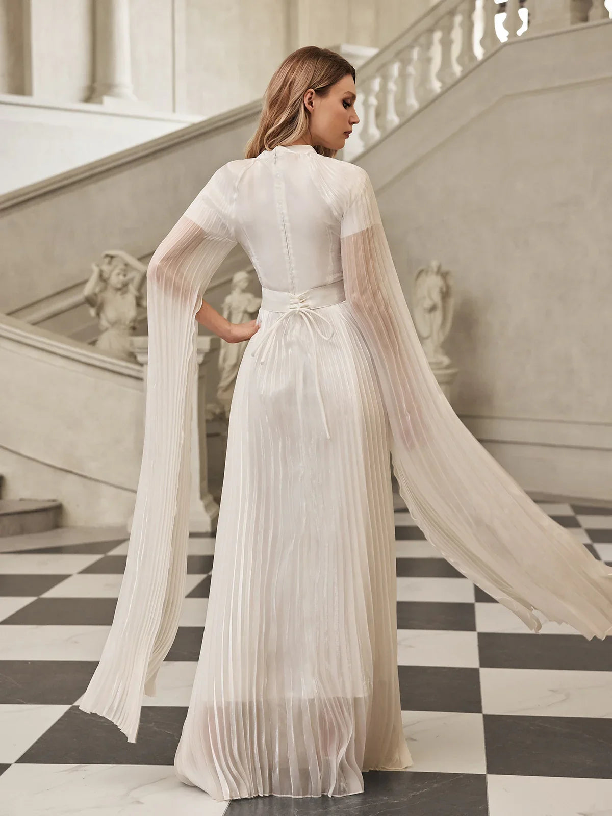 Celeste Pleated Wing-Sleeve Gown
