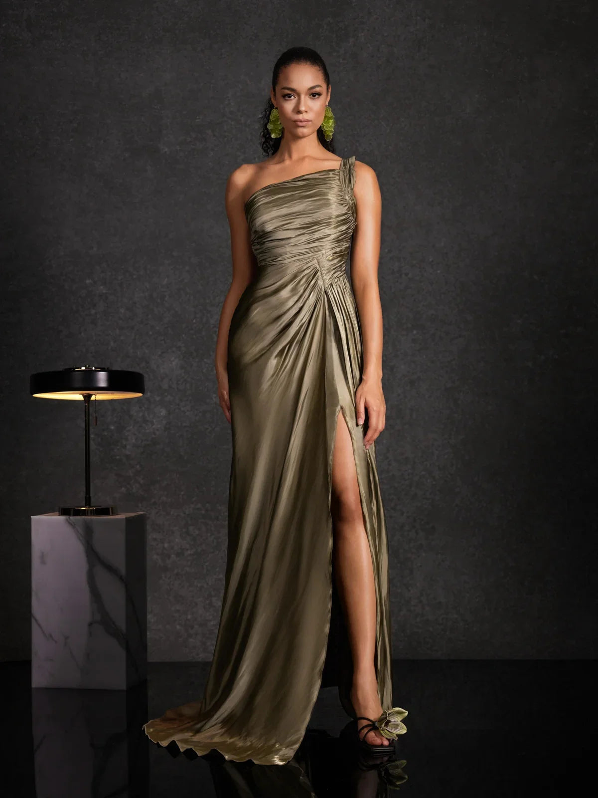 Olive One-Shoulder Satin Gown