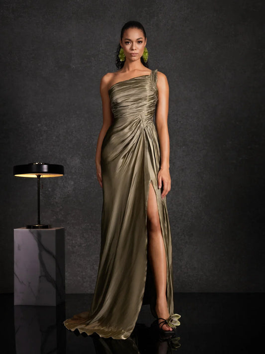 Olive One-Shoulder Satin Gown