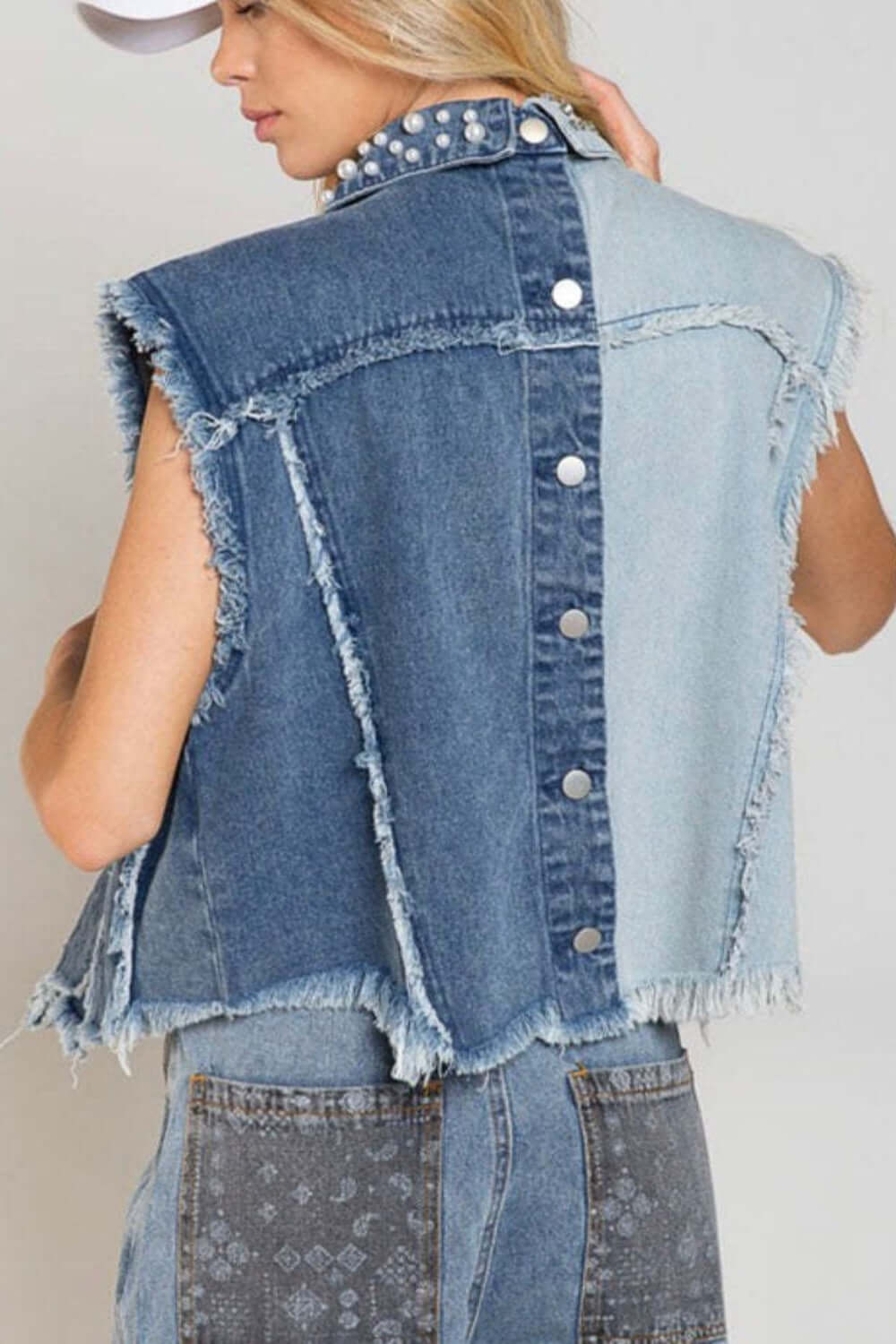 Pearl Raw Hem Sleeveless Denim Jacket