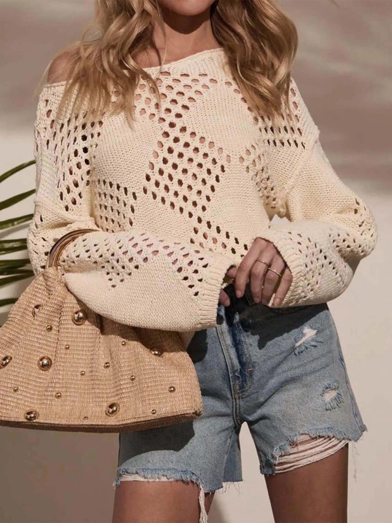 Openwork Boat Neck Long Sleeve Sweater