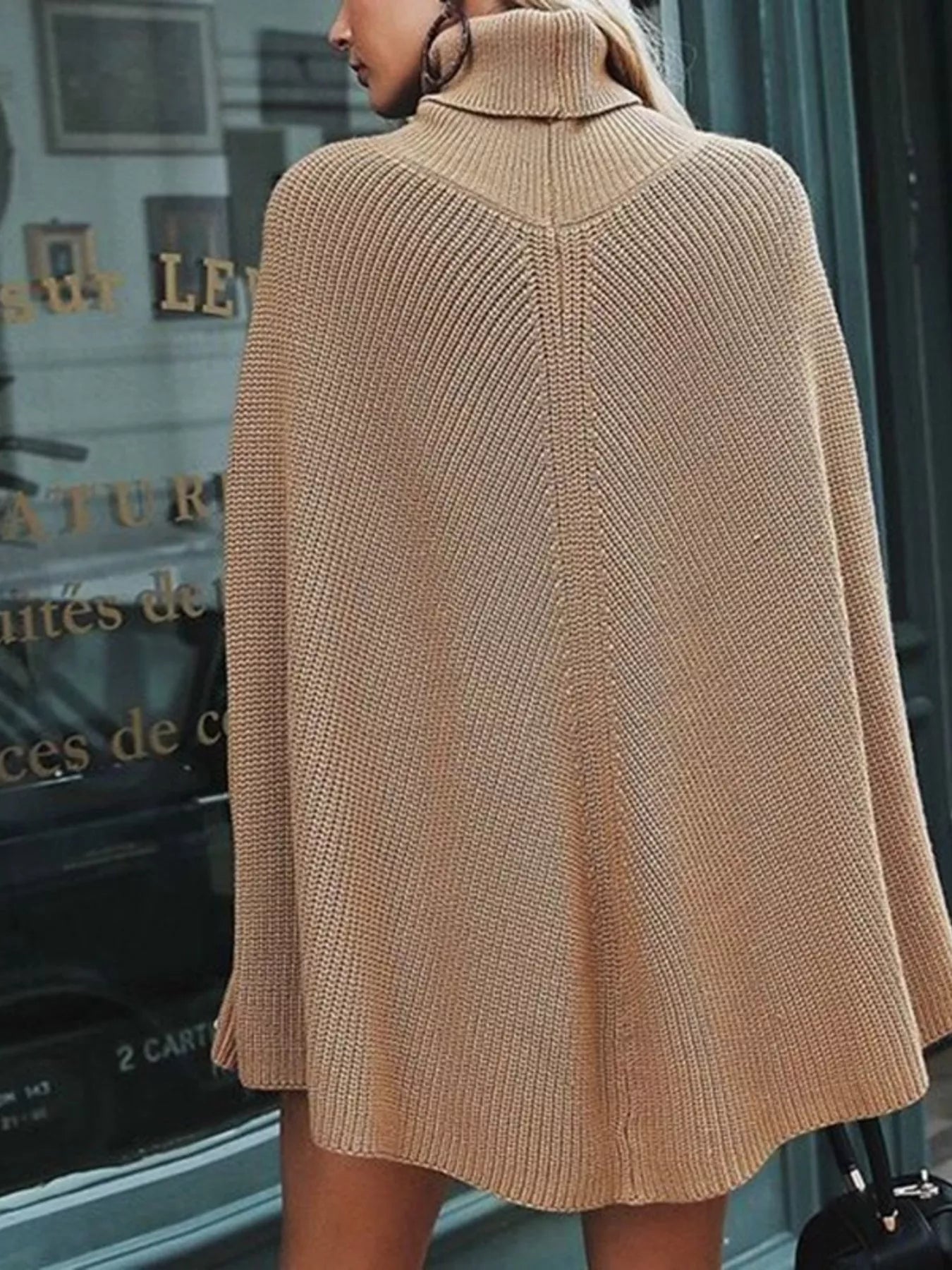 Full Size Turtleneck Knitted Cape Sweater Plus Size