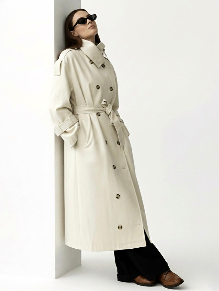 Zoe | High-Neck Belted Long Trench Coat
