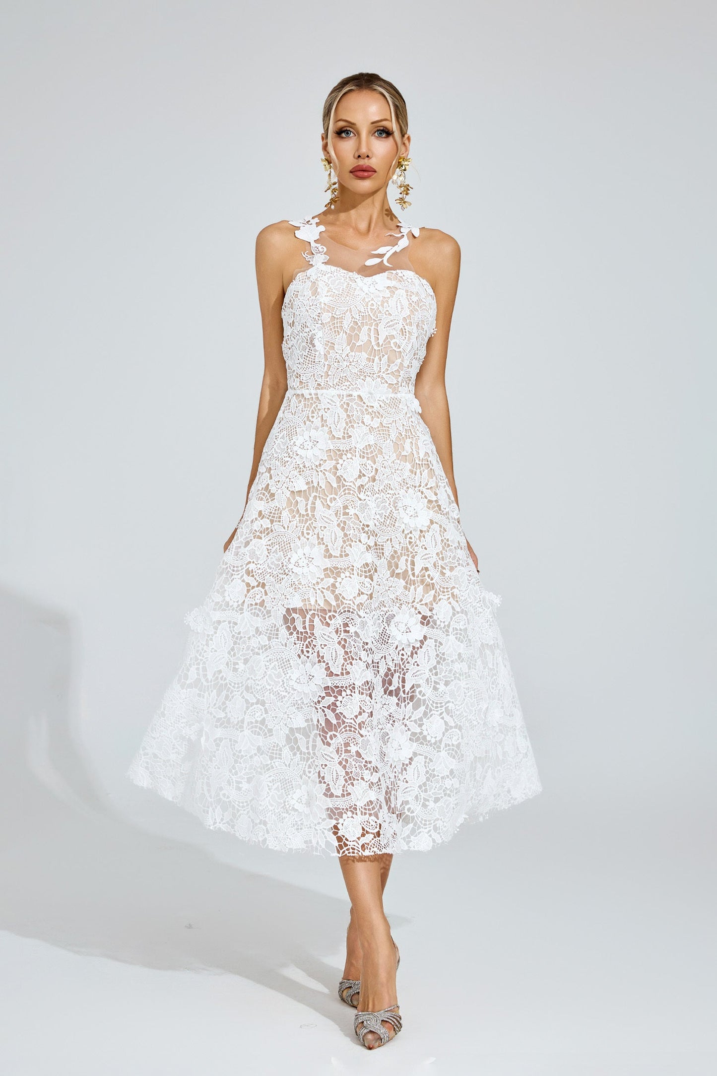 Amélie White Floral Lace Midi Dress