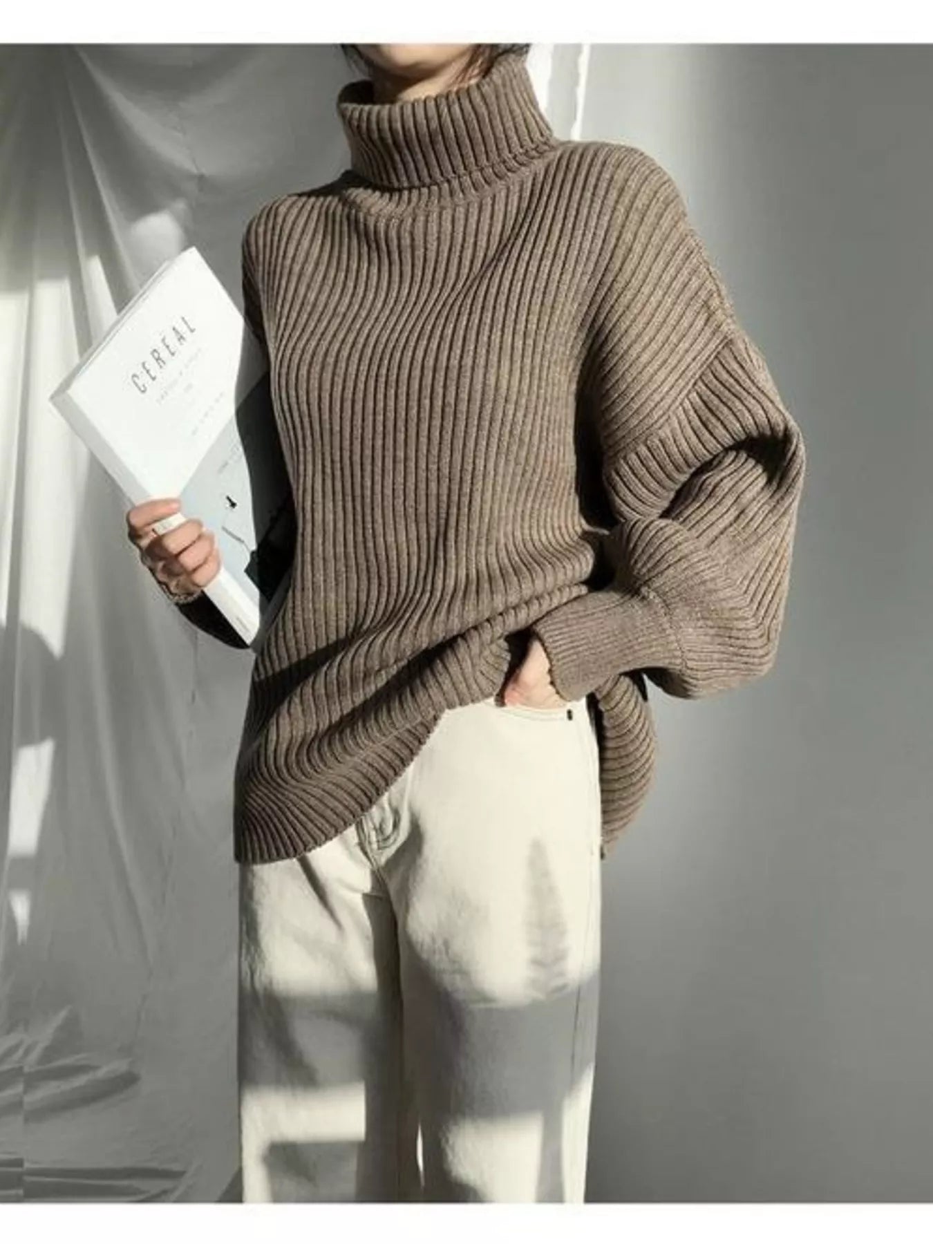 Full Size Oversized Turtleneck Ribbed Knit Sweater Plus Size