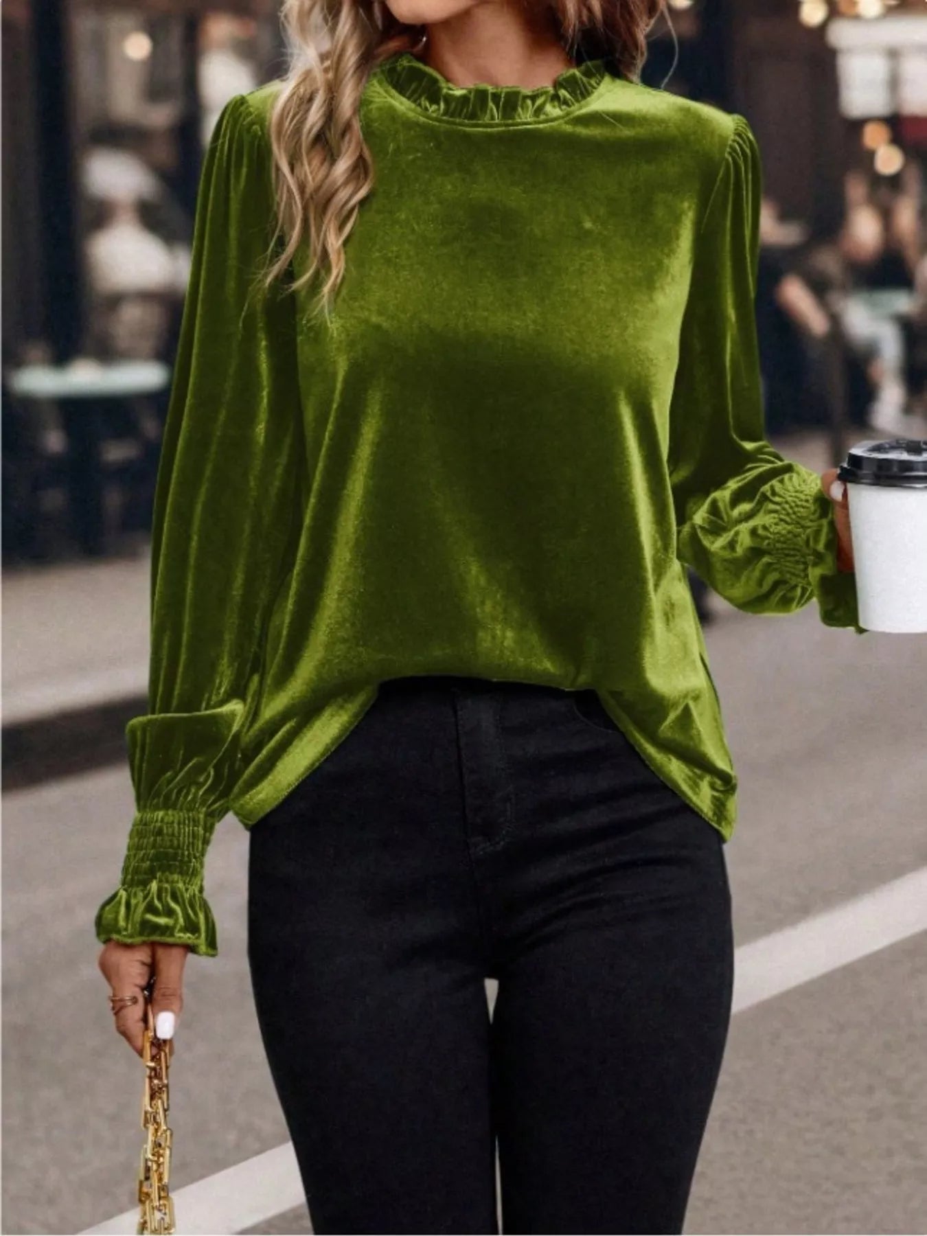 Velvet Ruffle Trim Blouse