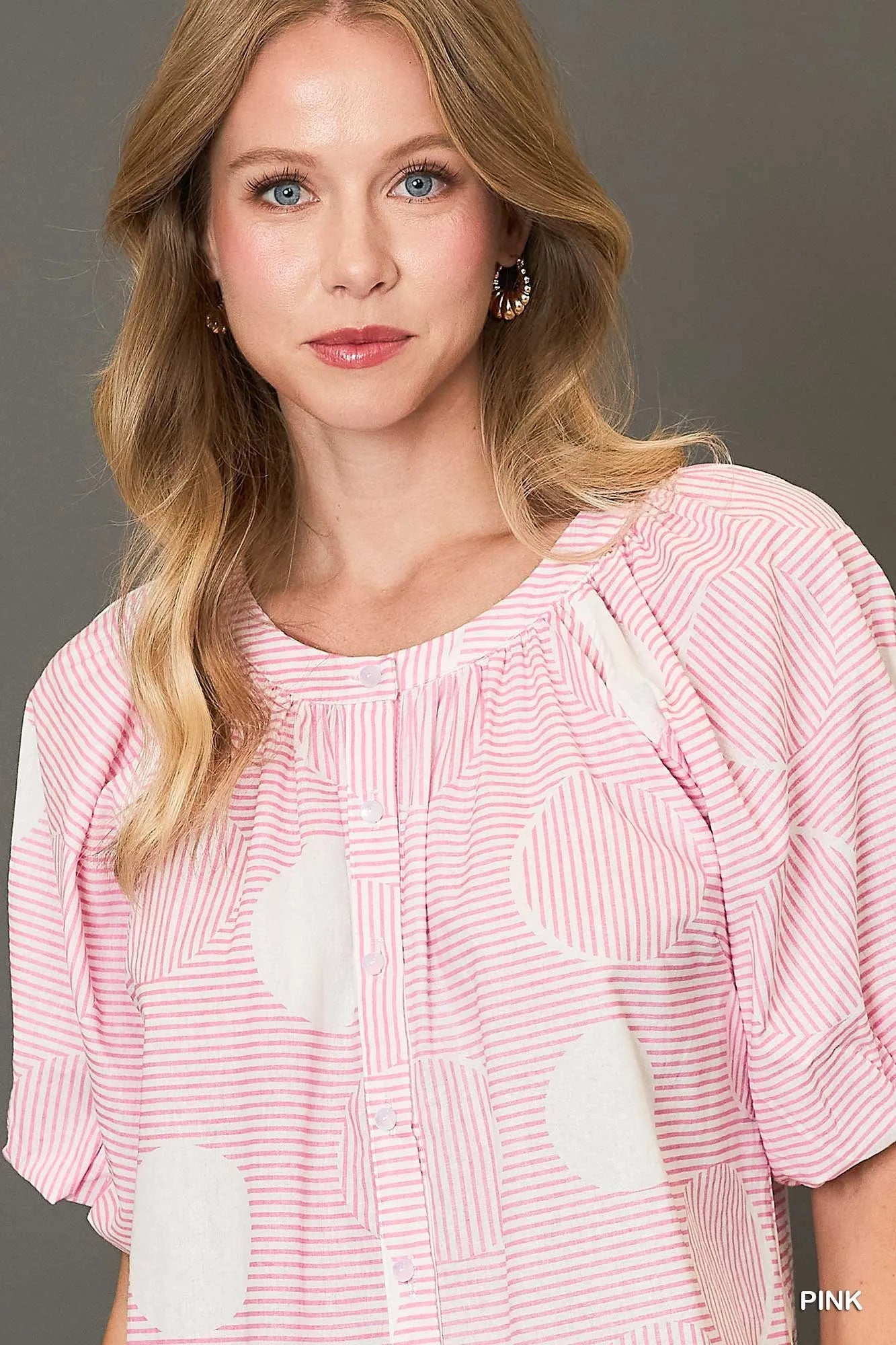 Umgee Stripe and Dot Print Button Down Puff Sleeve Mini Dress