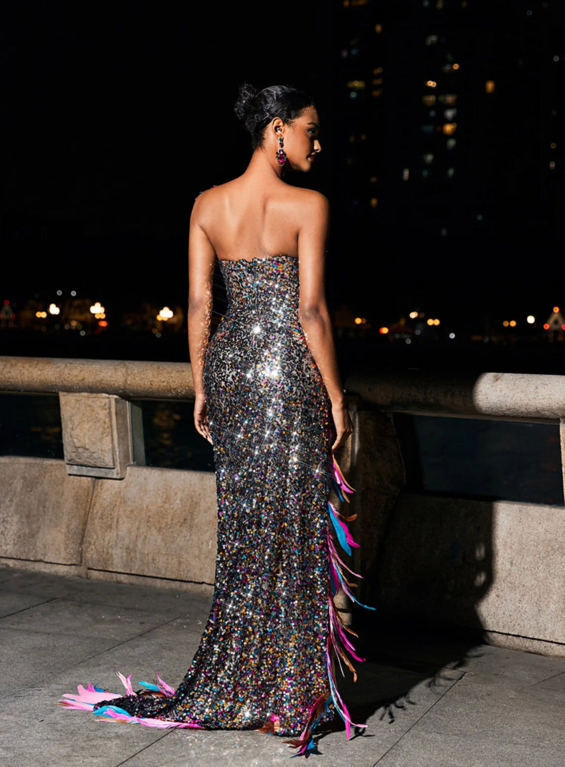 Feather|sequin maxi dress