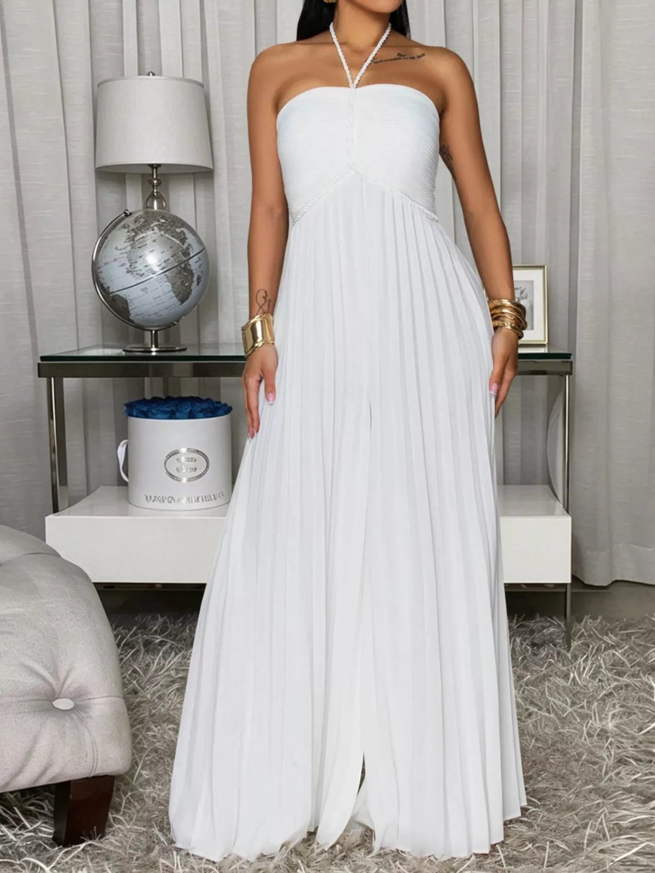 Pleated Halter Neck Wide Leg Jumpsuit