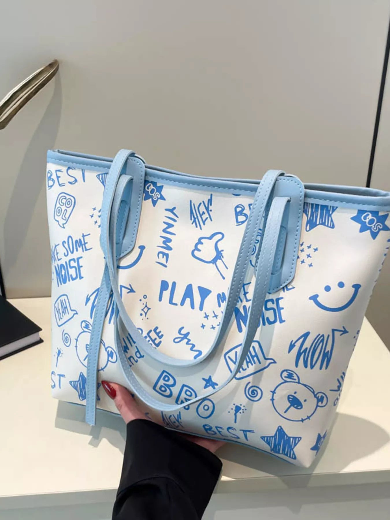 Trendy Graffiti Print Casual Tote Bag – Large Canvas Shoulder Bag for Women