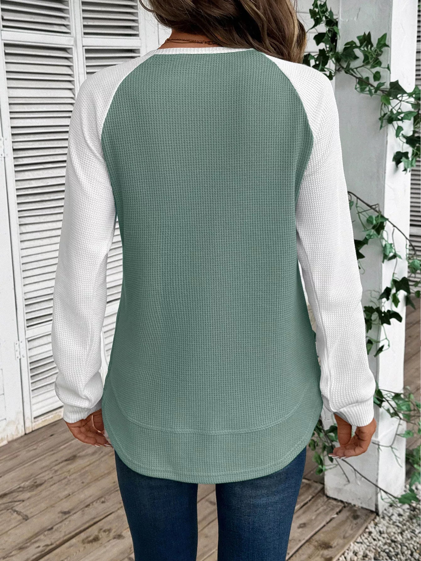 Contrast Raglan Sleeve Waffle Knit T-Shirt