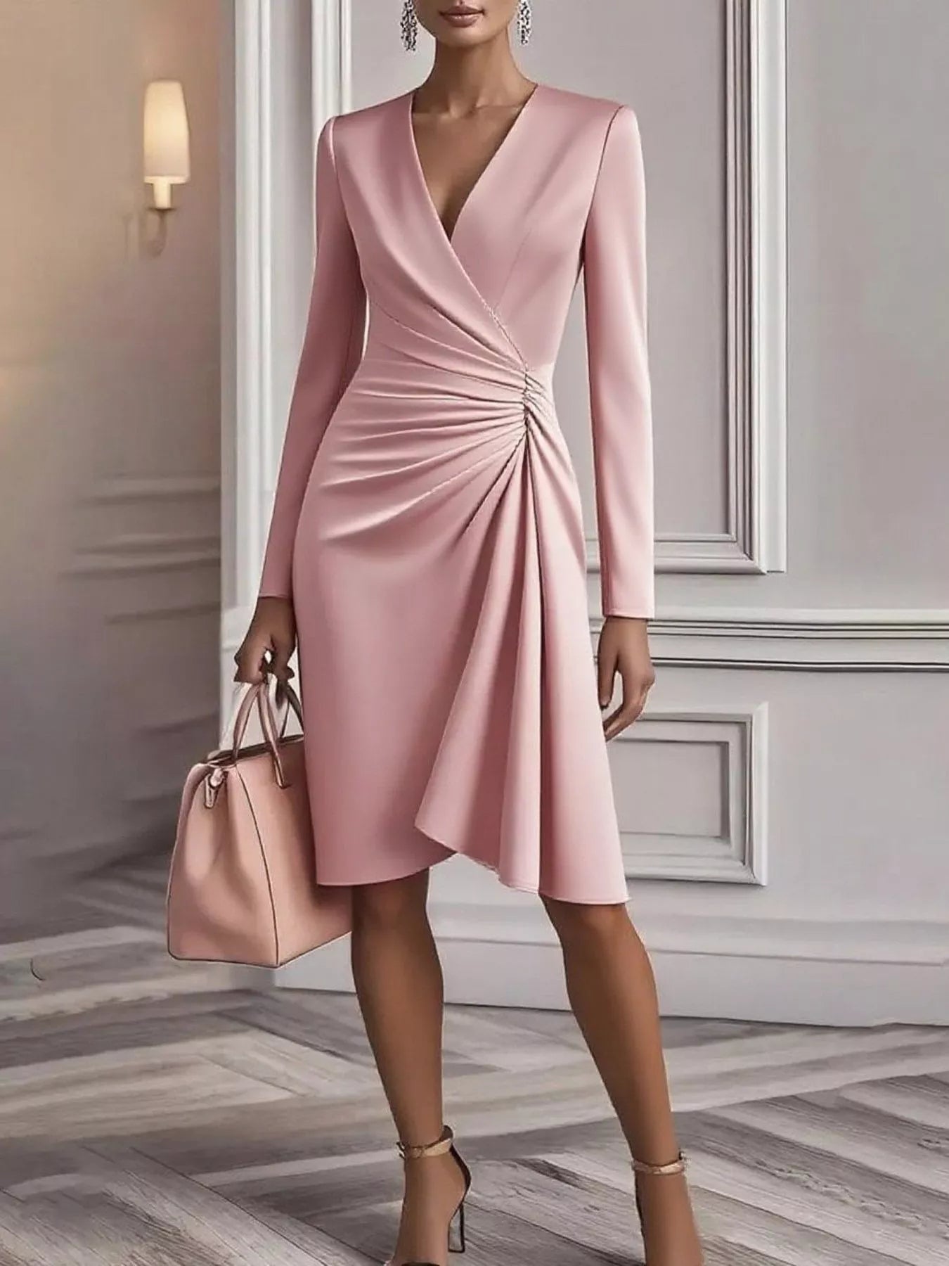 Front Ruched V-Neck Long Sleeve Dress