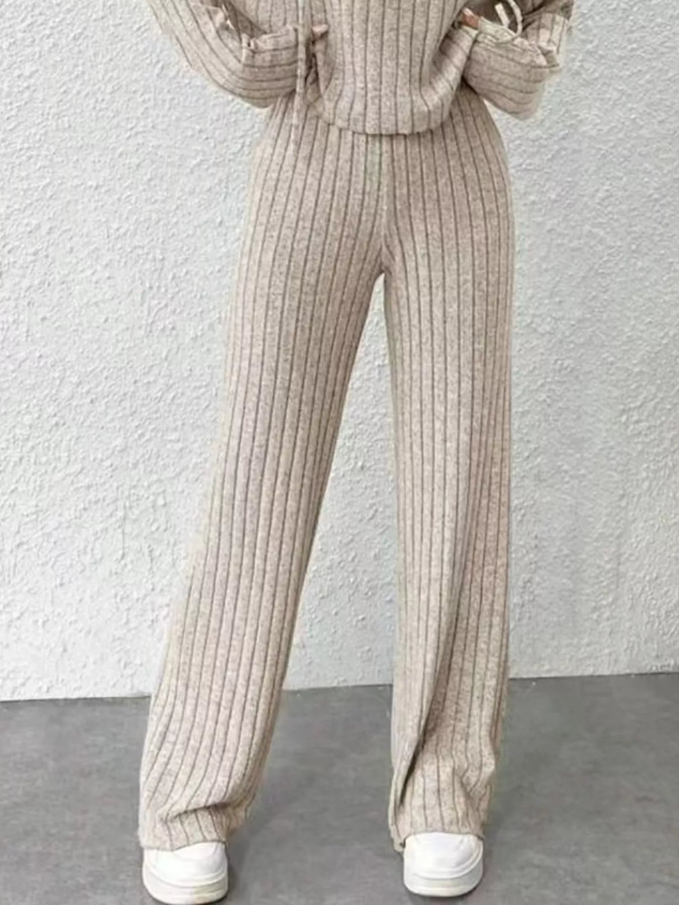 Ribbed Knit Hoodie & Wide Leg Pants Set