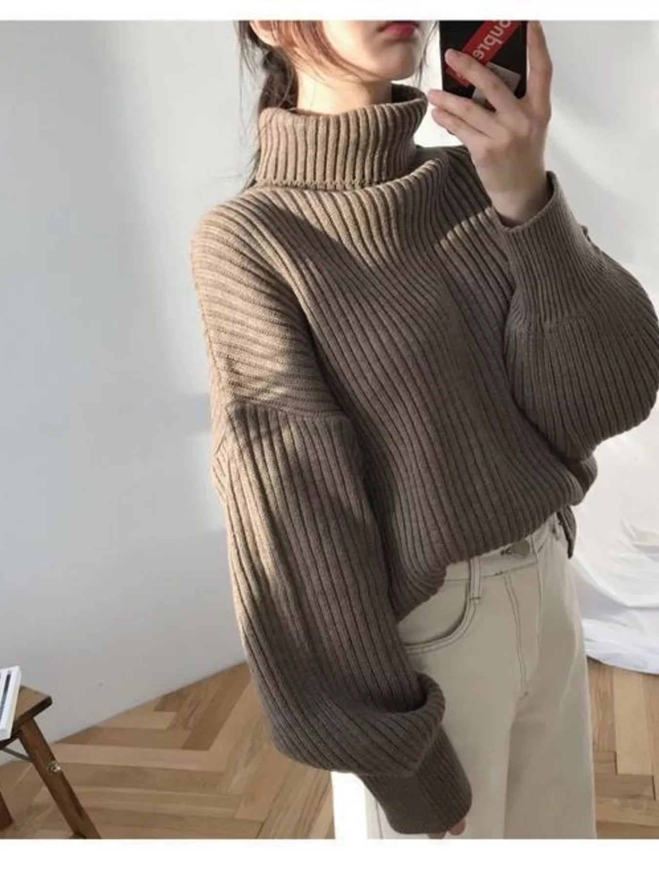 Full Size Oversized Turtleneck Ribbed Knit Sweater Plus Size