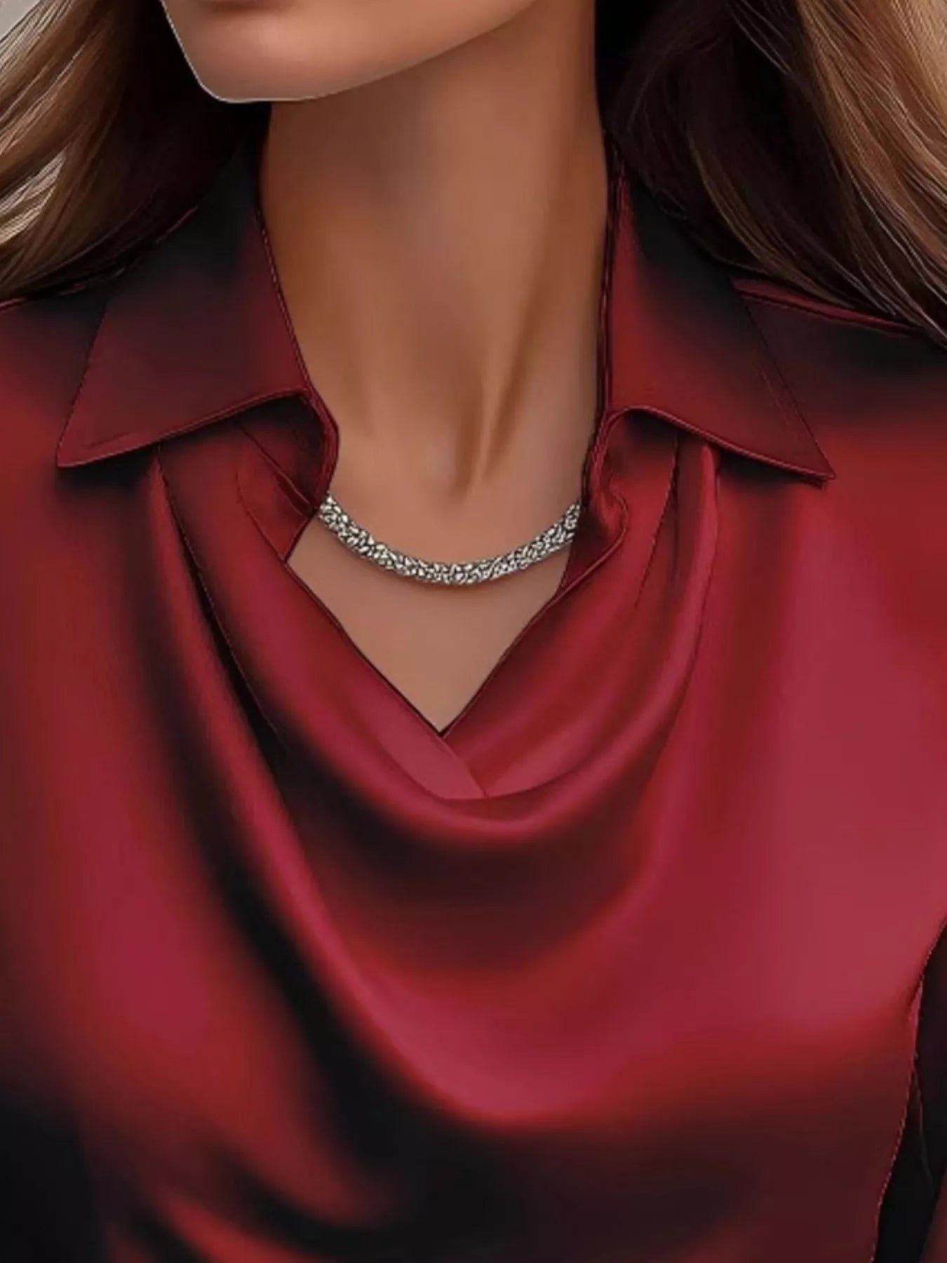 Shiny Satin Cowl Neck Long Sleeve Blouse - Inclusive Sizing