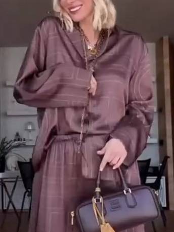 Geometric Letter Print Shirt Wide Leg Suit-Shirt Brown