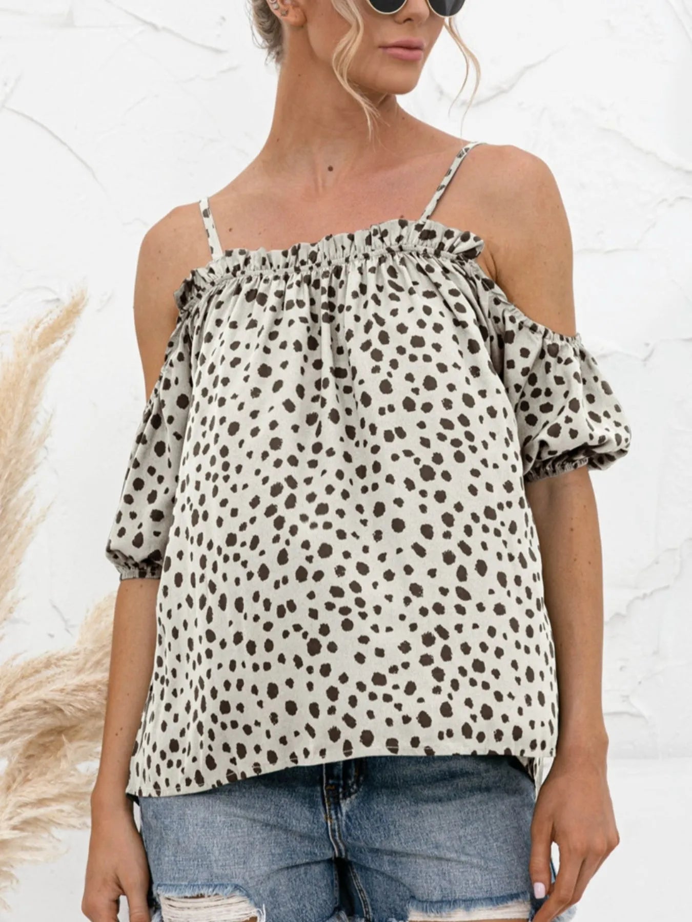 Puff Sleeve Polka Dot Ruffle Cami Top