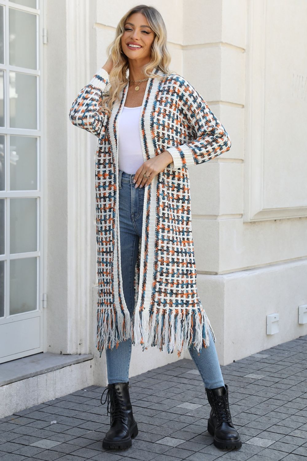 Multicolored Open Front Fringe Hem Cardigan Sherbet