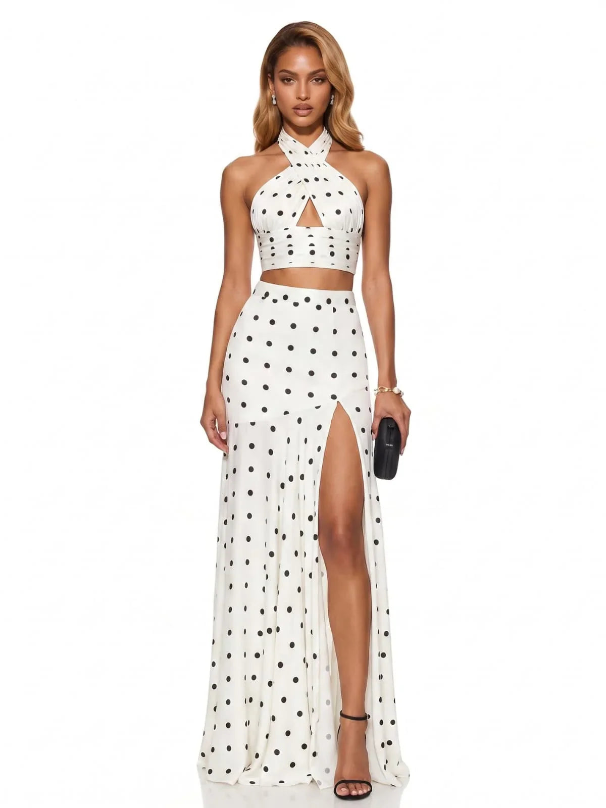 Celeste Polka Dot Halter Maxi Set