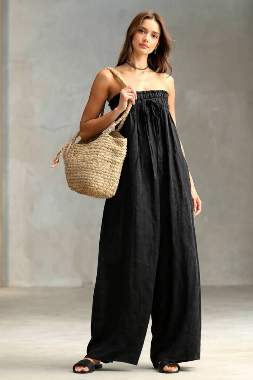 Pleated Design Strapless Jumpsuit