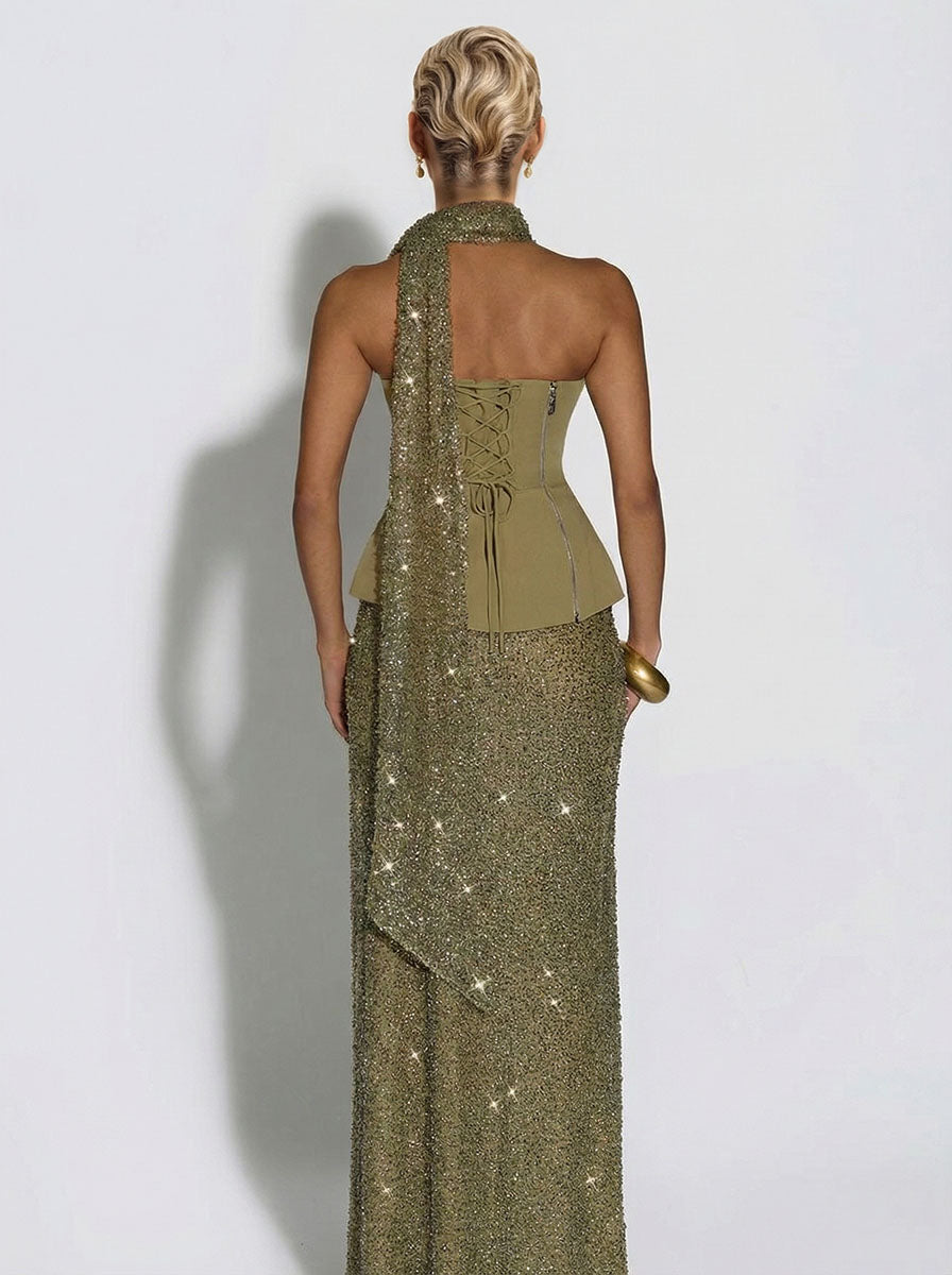 Elegant Strapless Sequin Skirt And Shawl Two-Piece Set