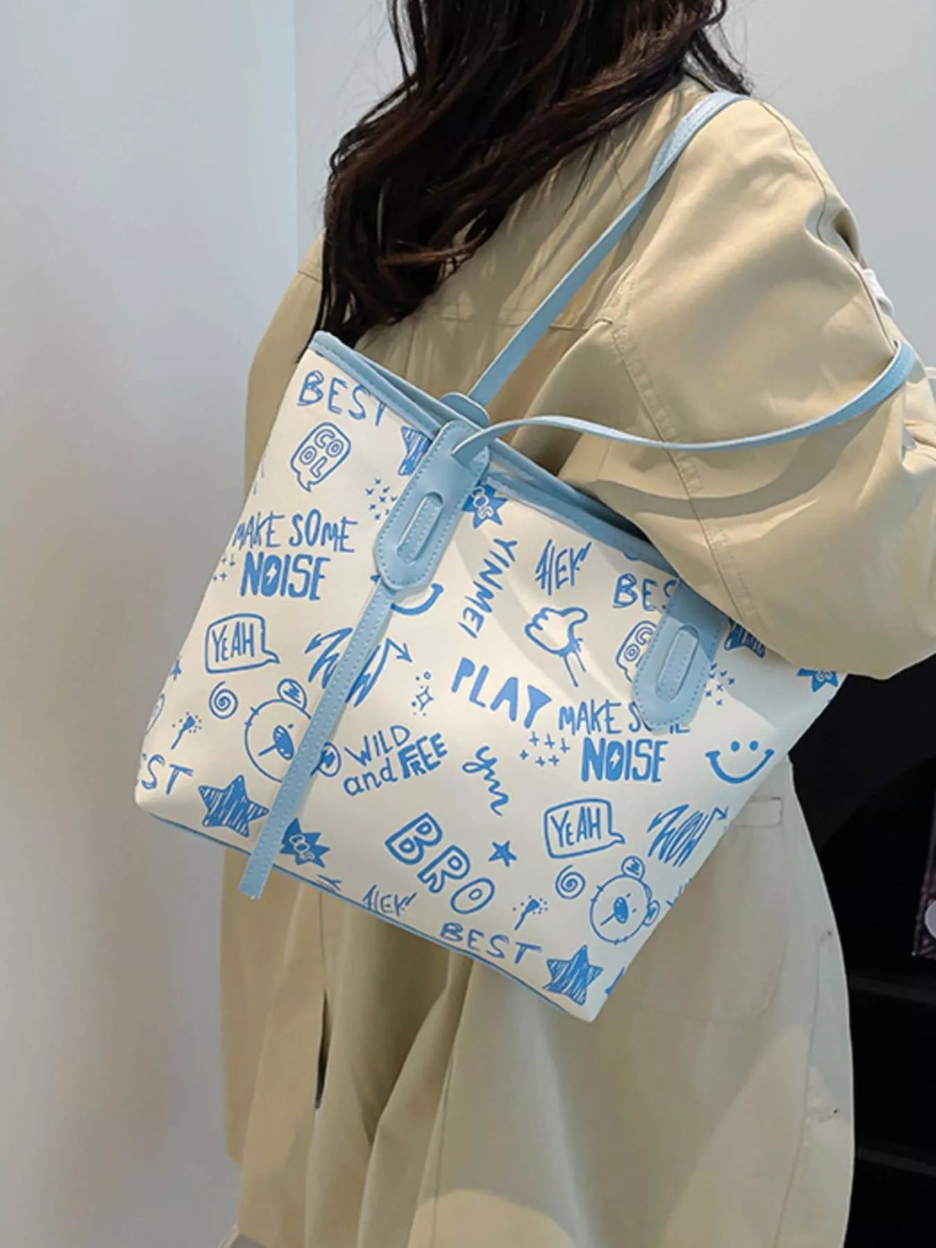 Trendy Graffiti Print Casual Tote Bag – Large Canvas Shoulder Bag for Women