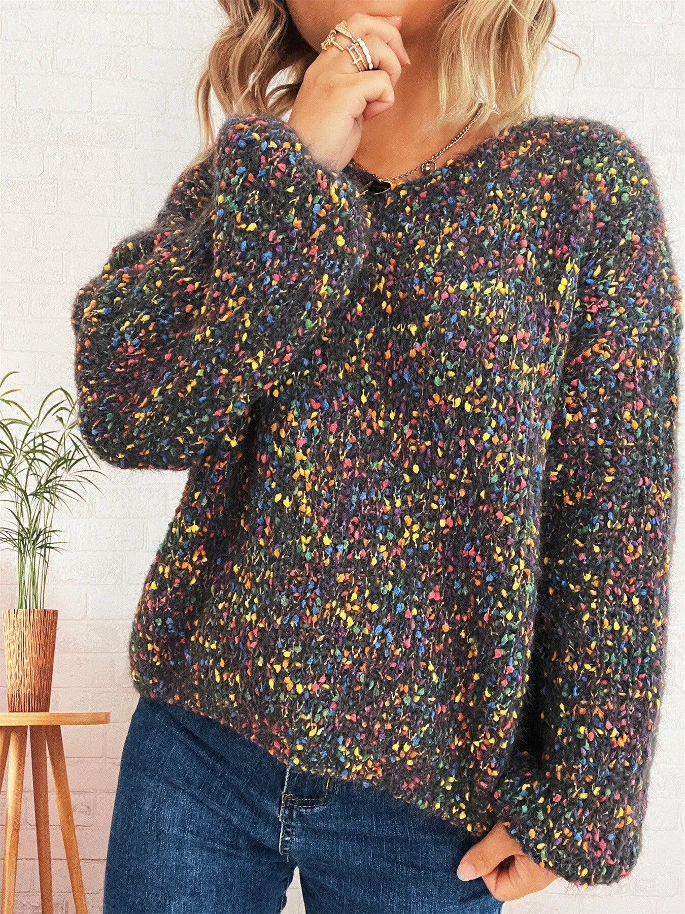 Women’s Colorful Long Sleeve Sweater – Vibrant Knit Pullover for Fall & Winter
