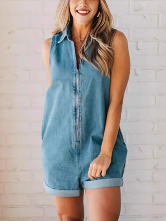 Zip Front Sleeveless Denim Romper