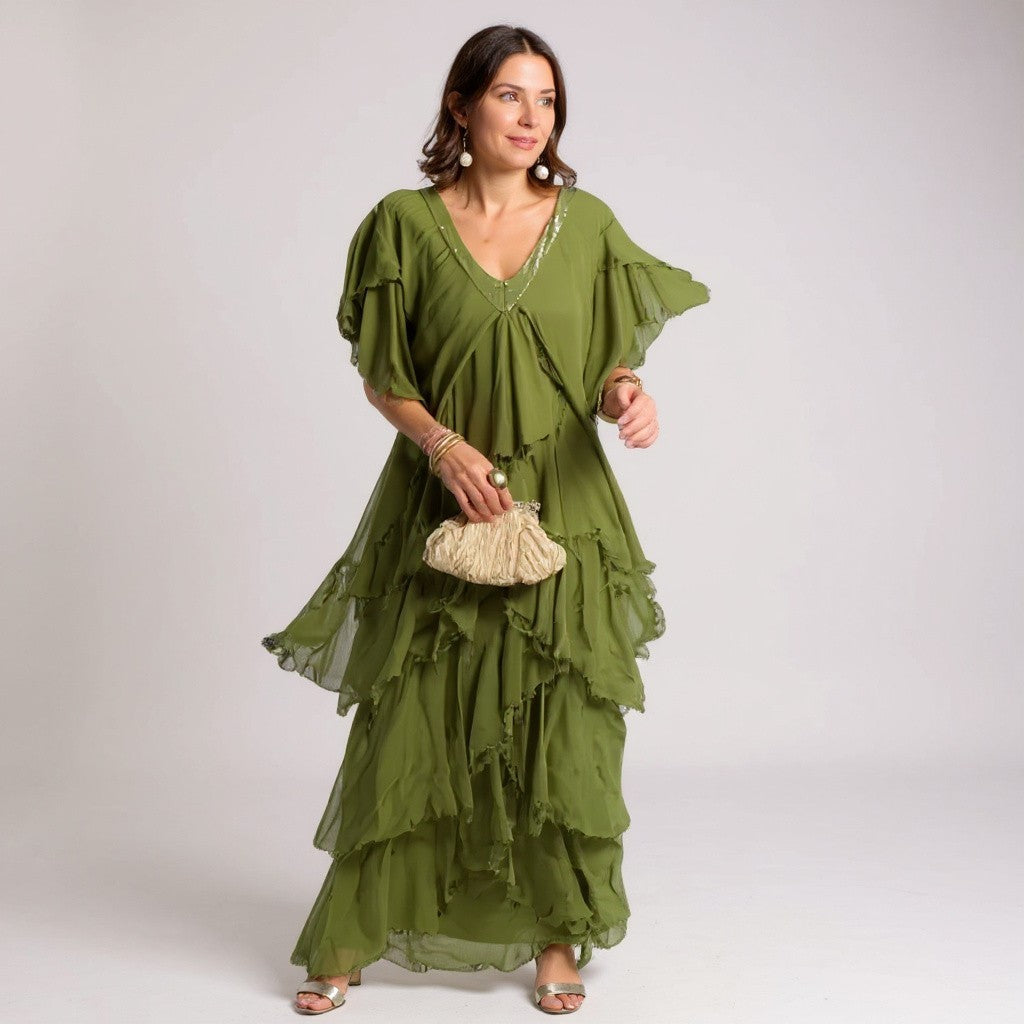Sheila- Elegant pleated dress with V-neck