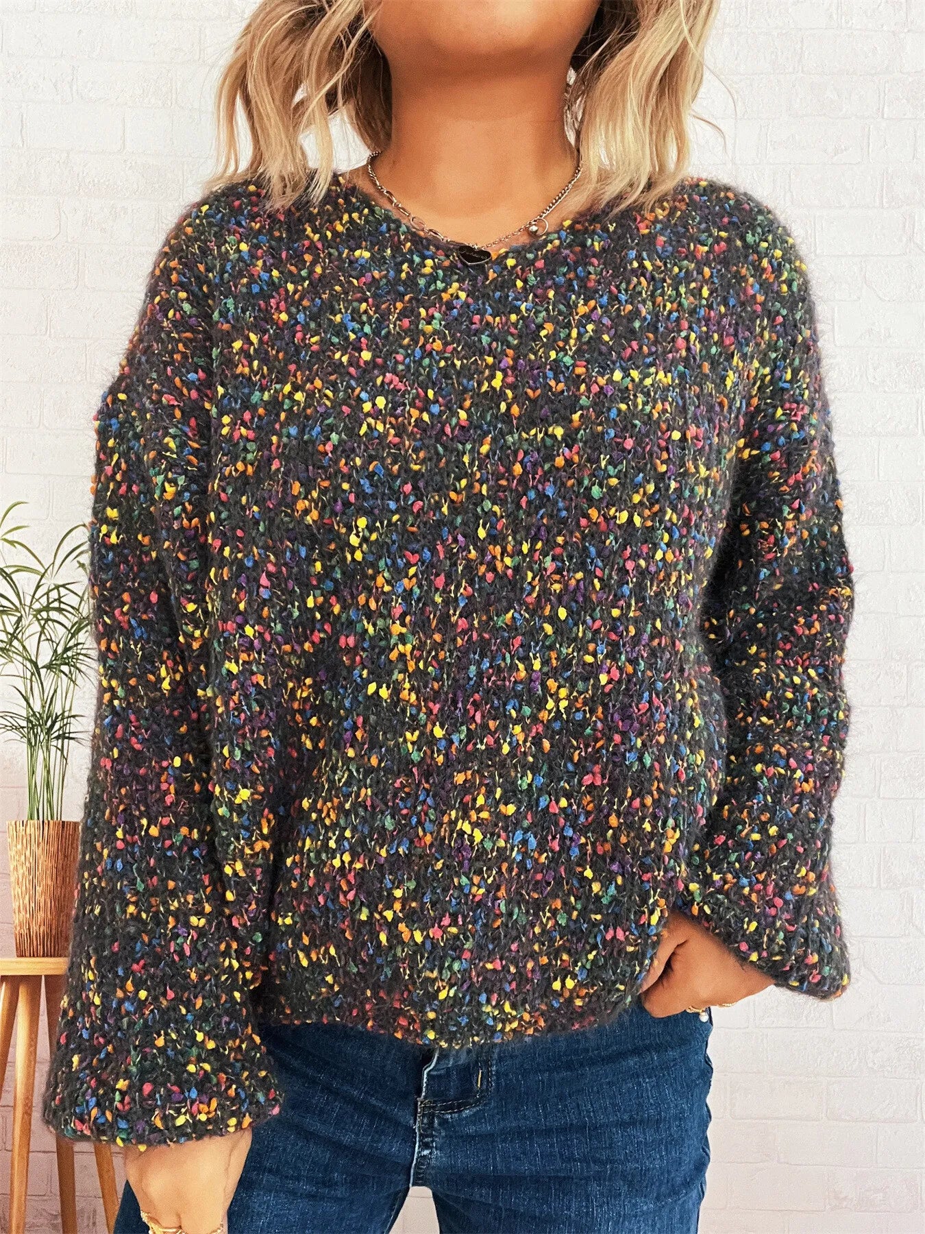 Women’s Colorful Long Sleeve Sweater – Vibrant Knit Pullover for Fall & Winter
