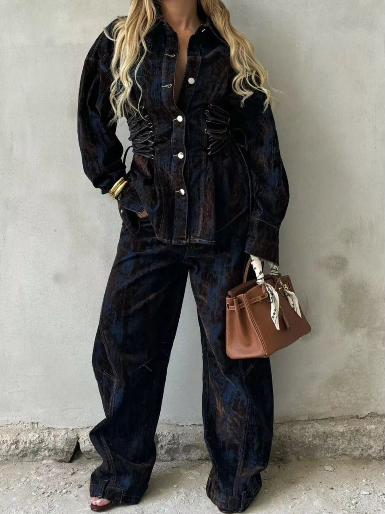 Lace Up Button Up Jacket and Jeans Denim Set