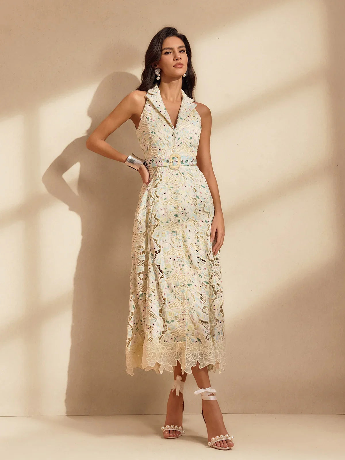 Pastel Bloom Lace Midi Dres