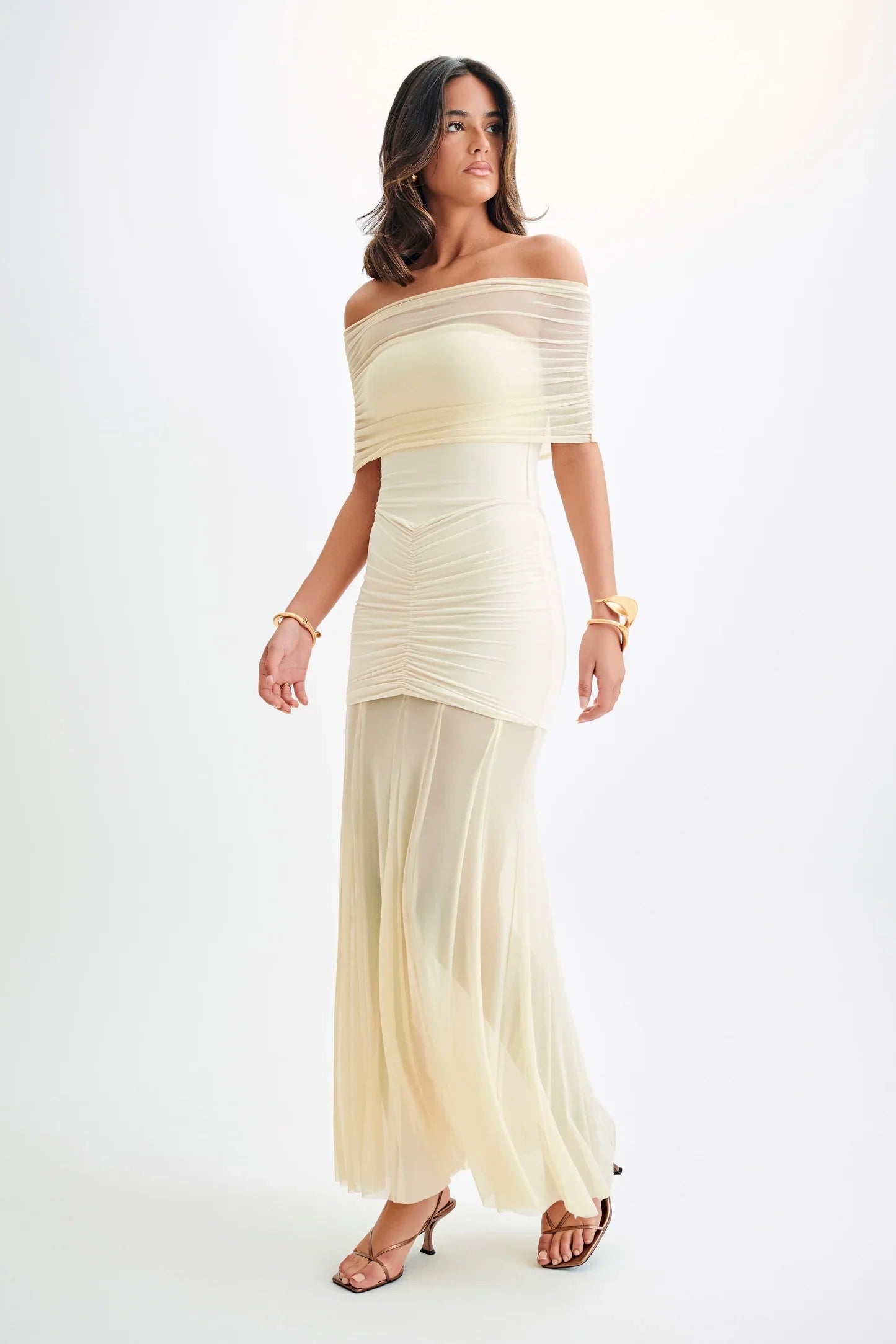 Nude Beige Sheer Ruched Strapless Gown