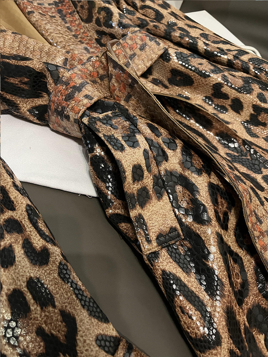 Leopard leather long coat