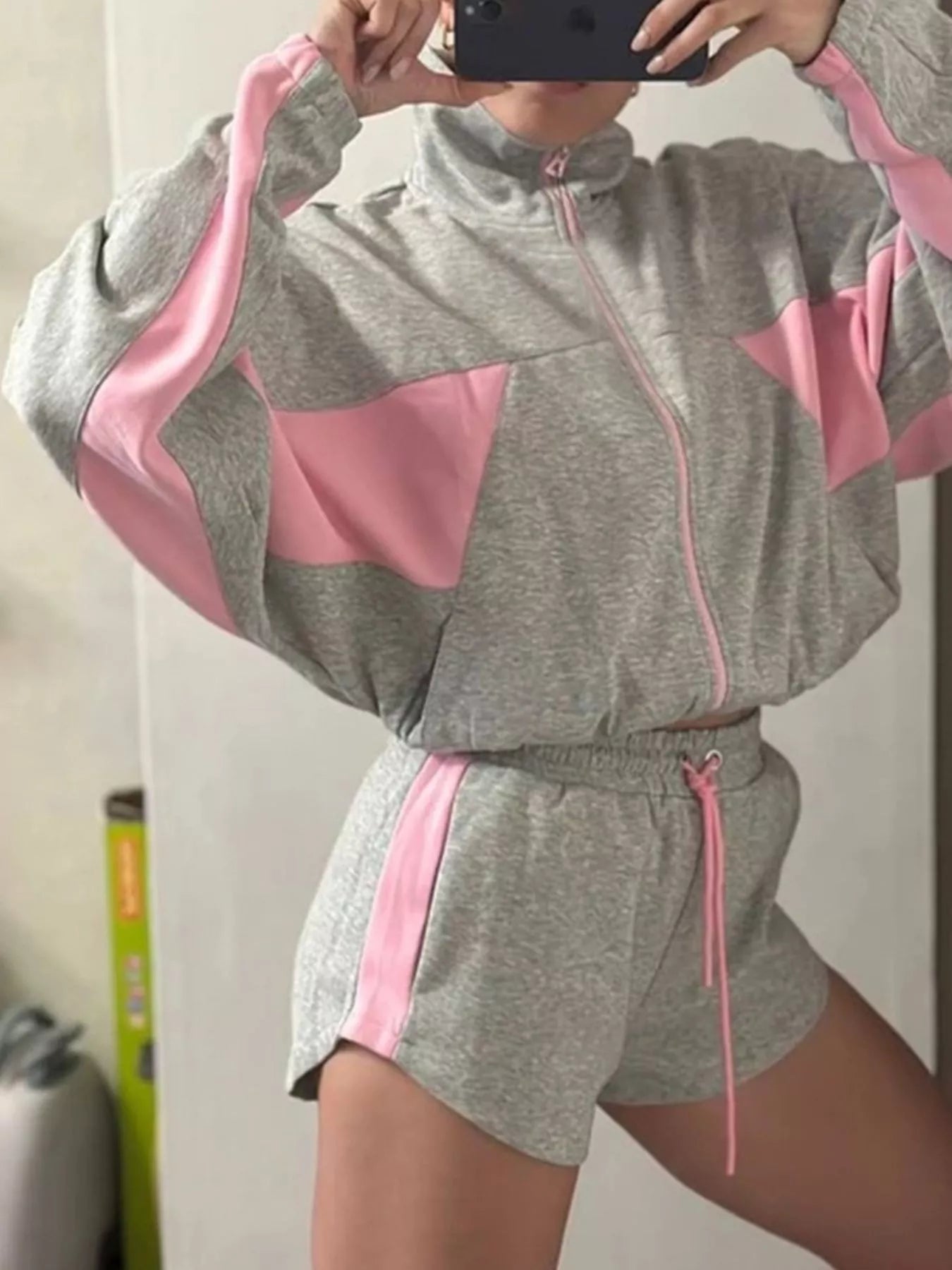Zip Up Long Sleeve Outerwear and Shorts Set