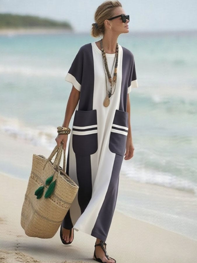 Women's Holiday Contrast Print Round Neck Loose Dress