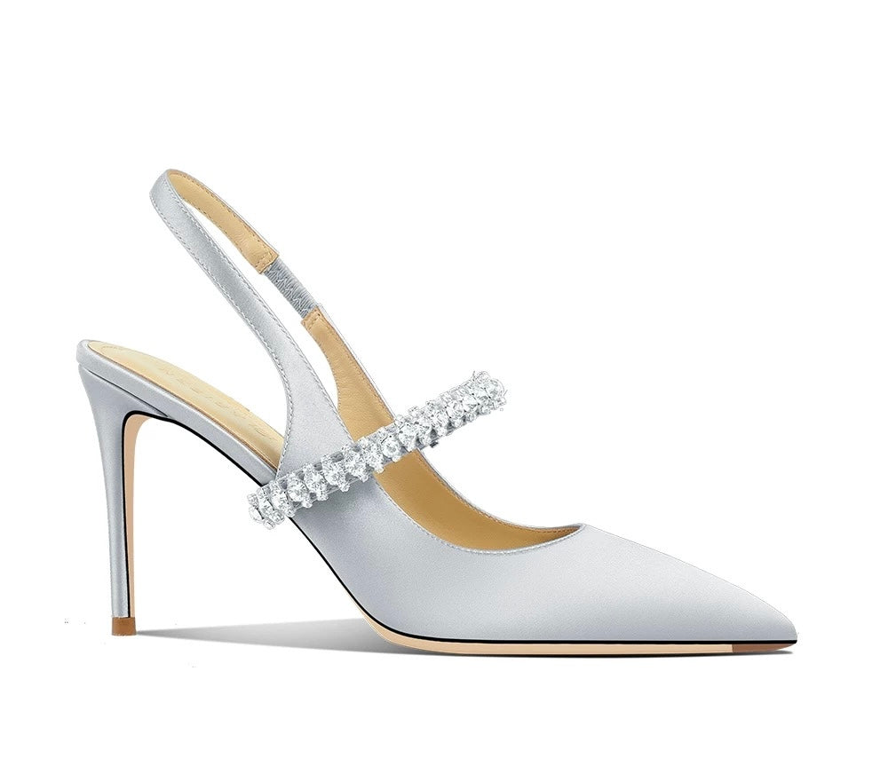 Crystal satin high heels 8cm Grey