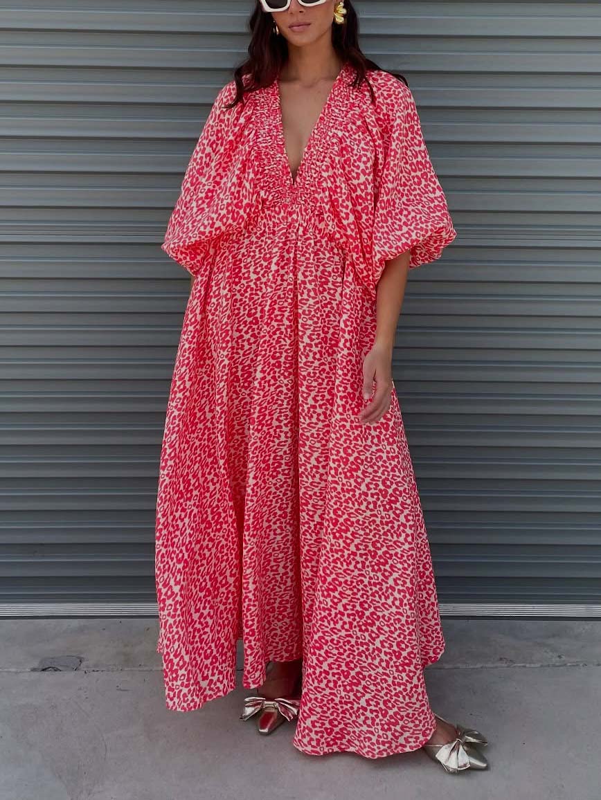 Casual Leopard Print Deep V Neck Maxi Dress Red
