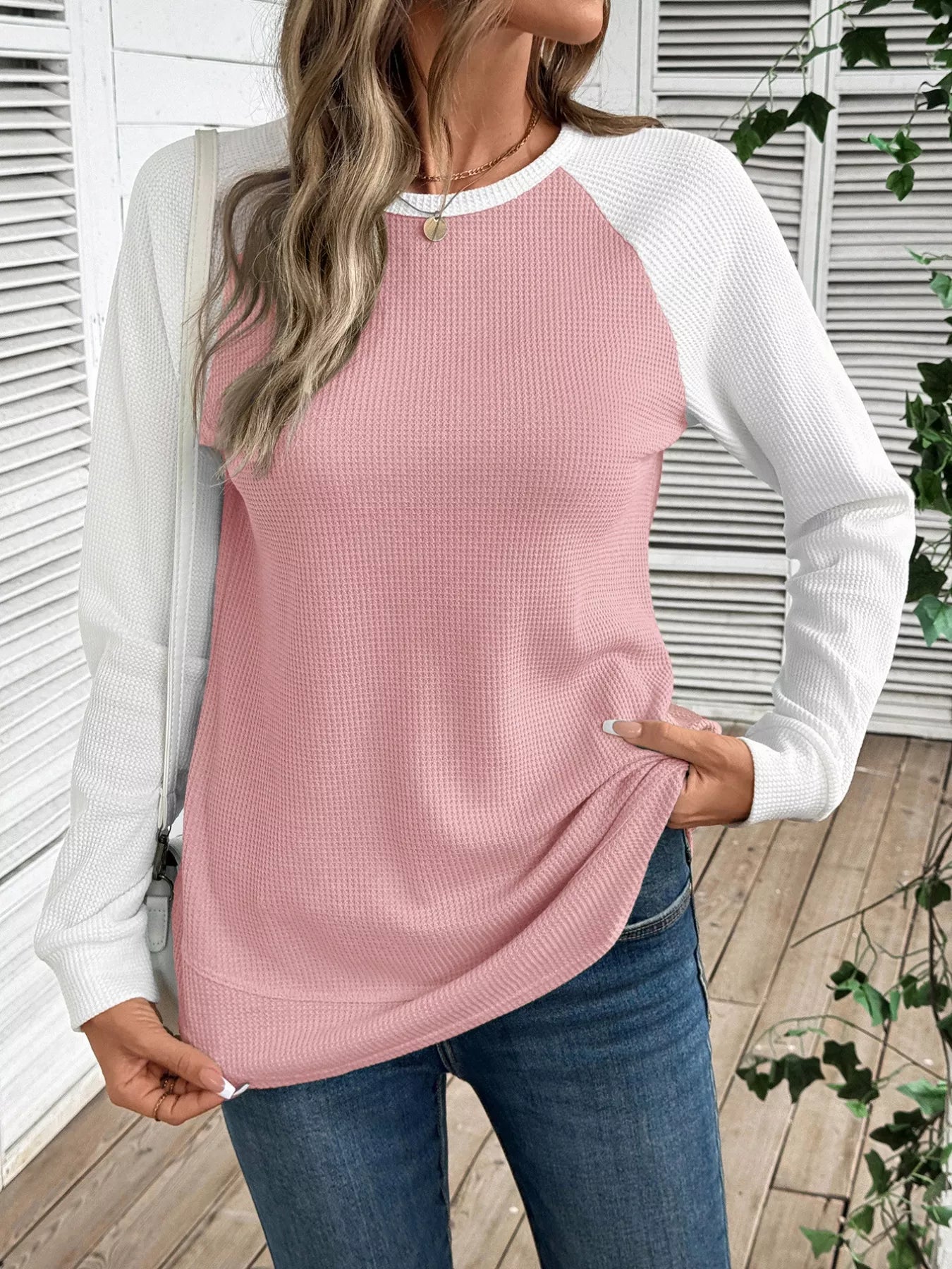 Contrast Raglan Sleeve Waffle Knit T-Shirt