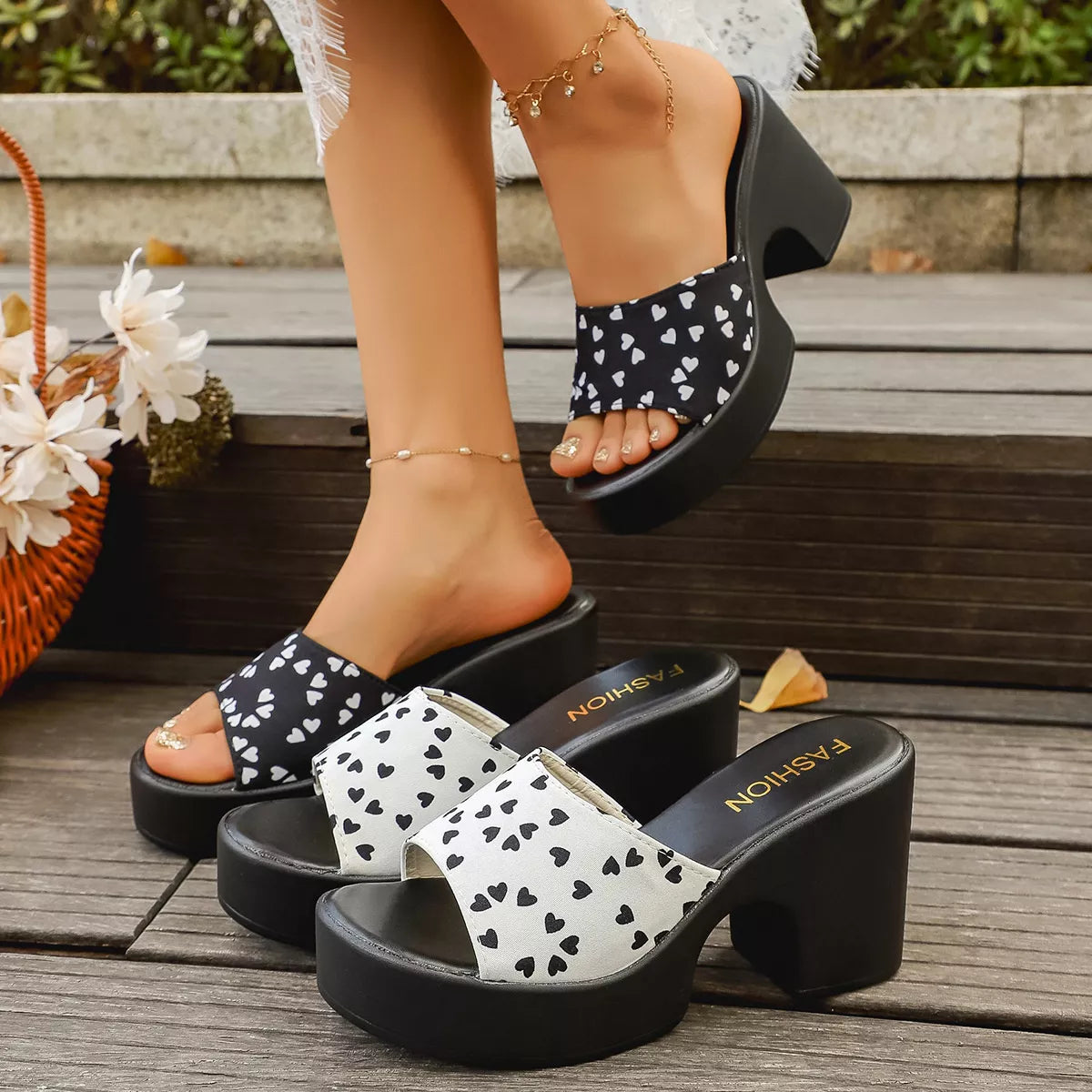 Block Heel Sandals Sweetheart Print