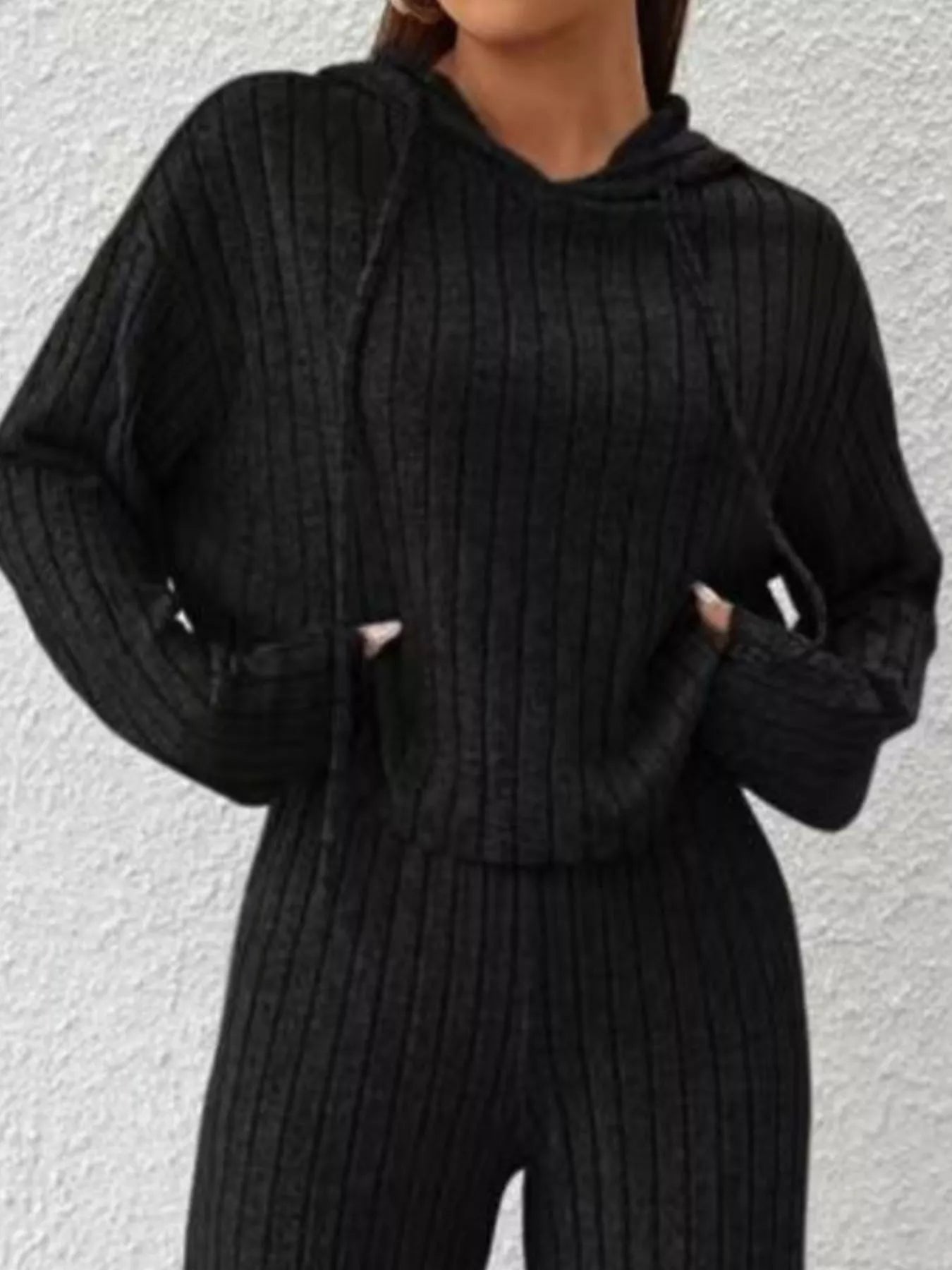 Ribbed Knit Hoodie & Wide Leg Pants Set