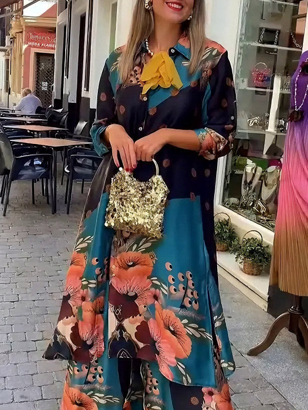 Elegant Satin Floral Print Long Shirt Multi