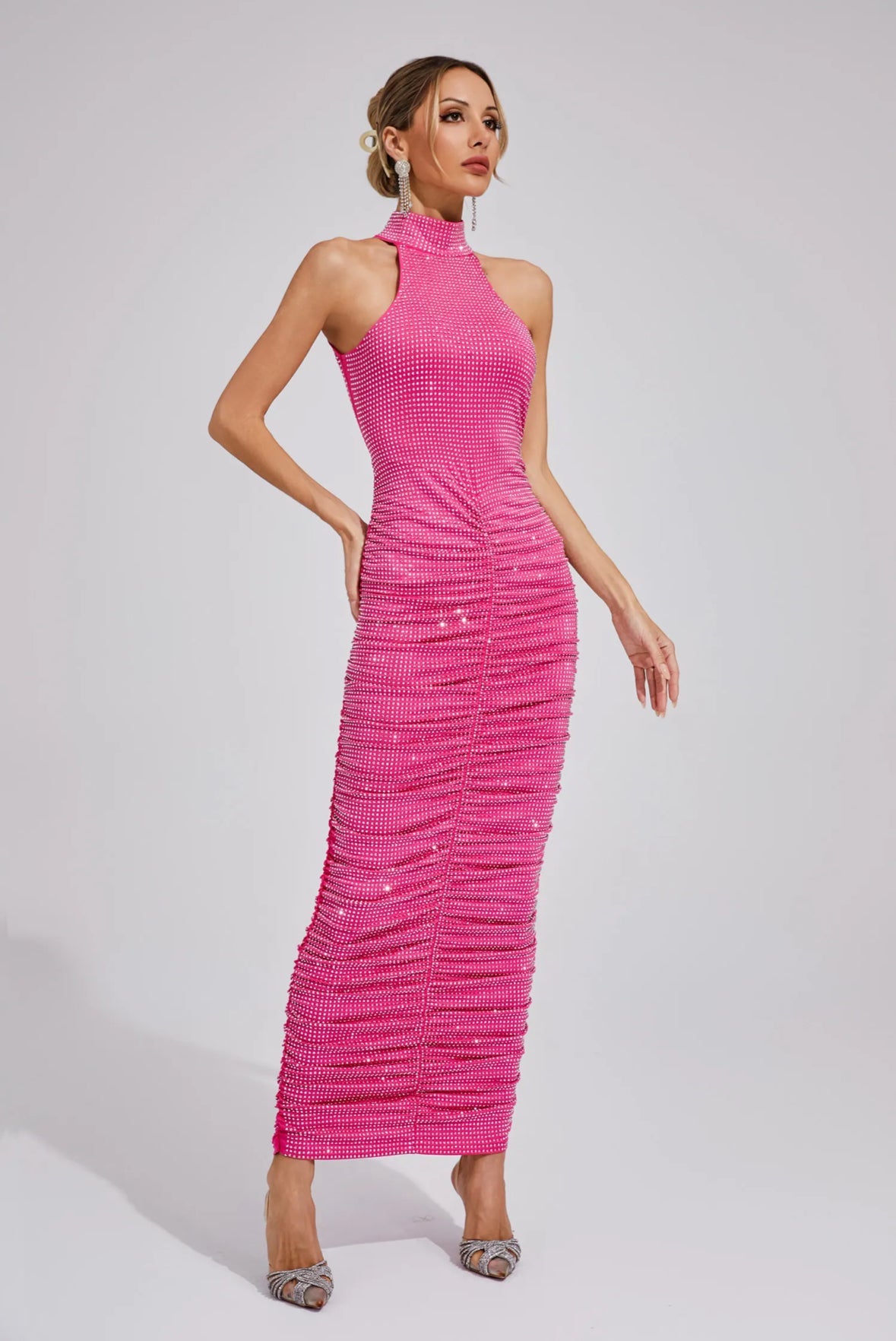 Kaia Rhinestone Ruched Maxi Dress