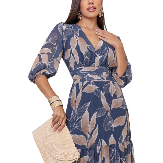 Aísha Long Floral Dress with Flowing Cut and Leaf Motif