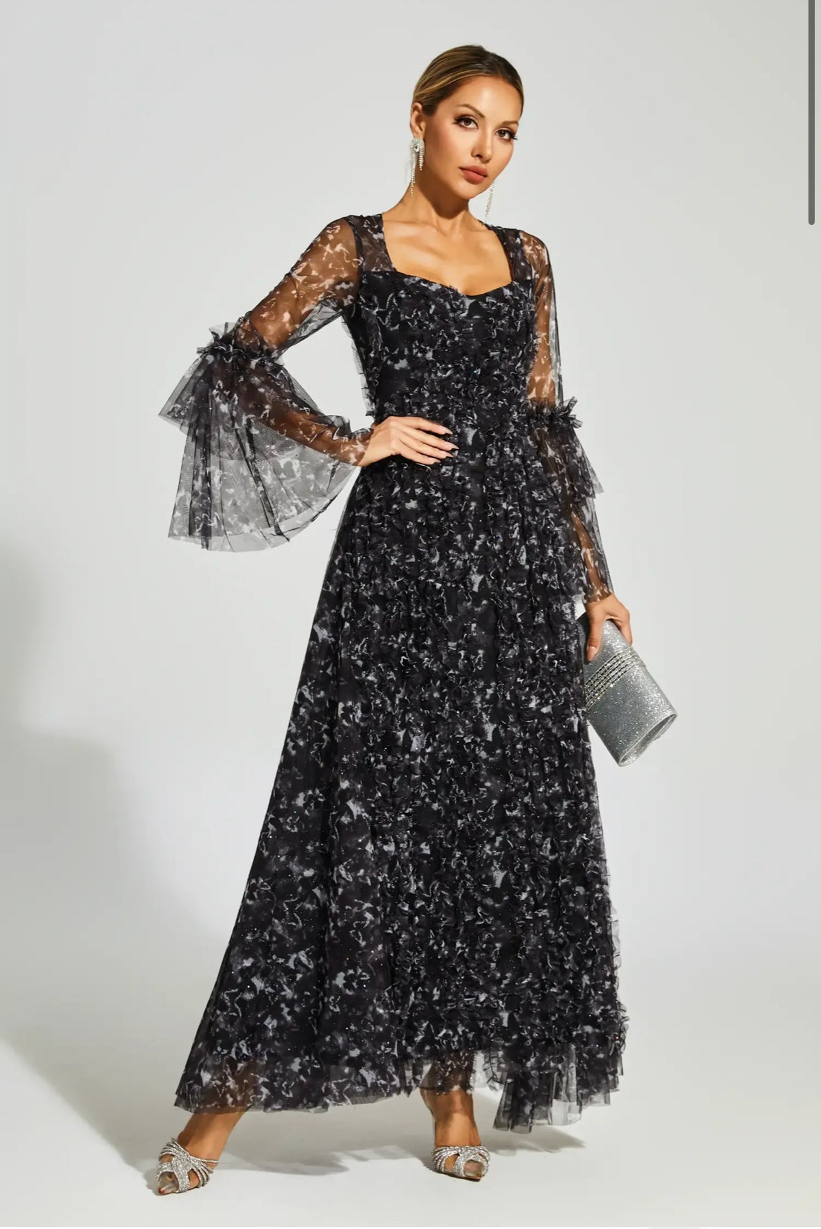 Black floral mesh maxi dress