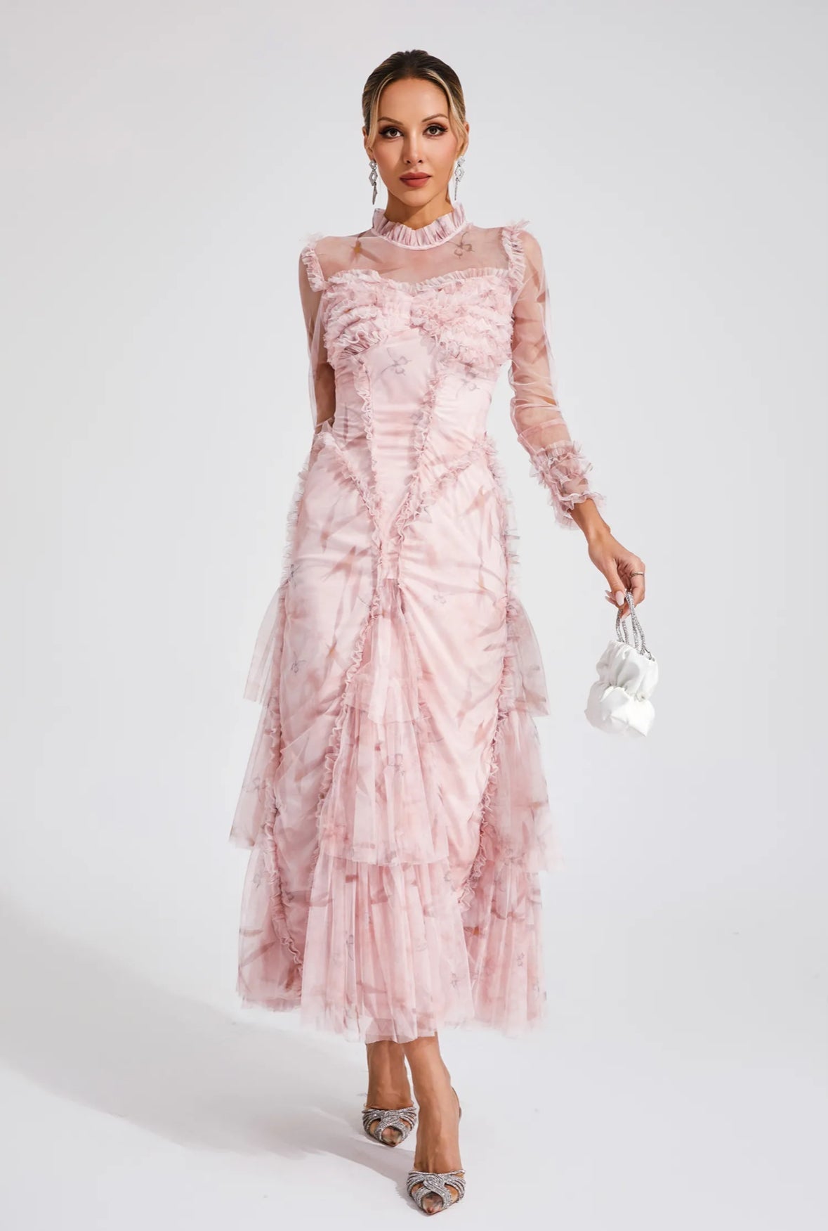 Pink mesh ruched maxi dress