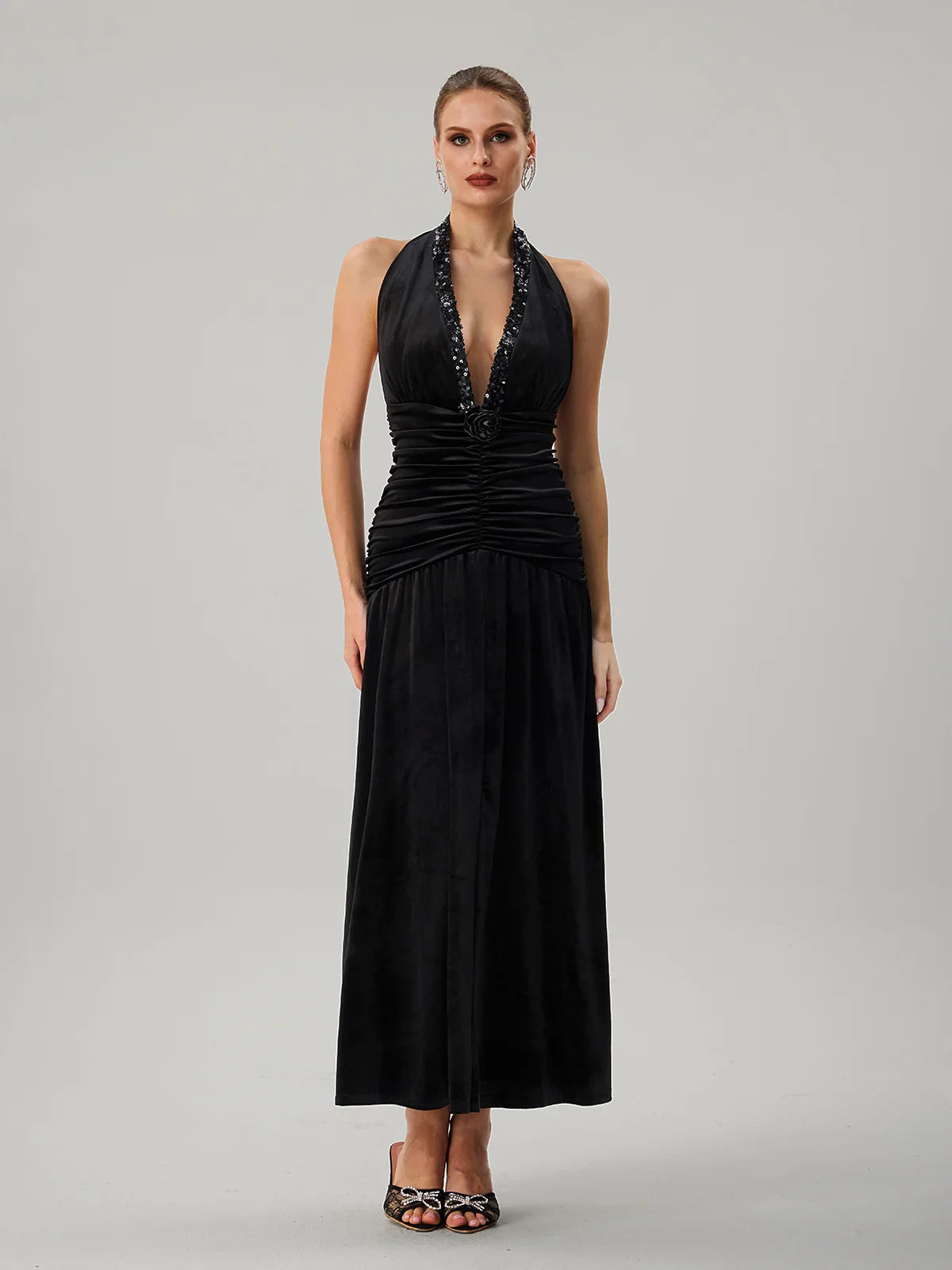 Black Halter Ruched Maxi Dress