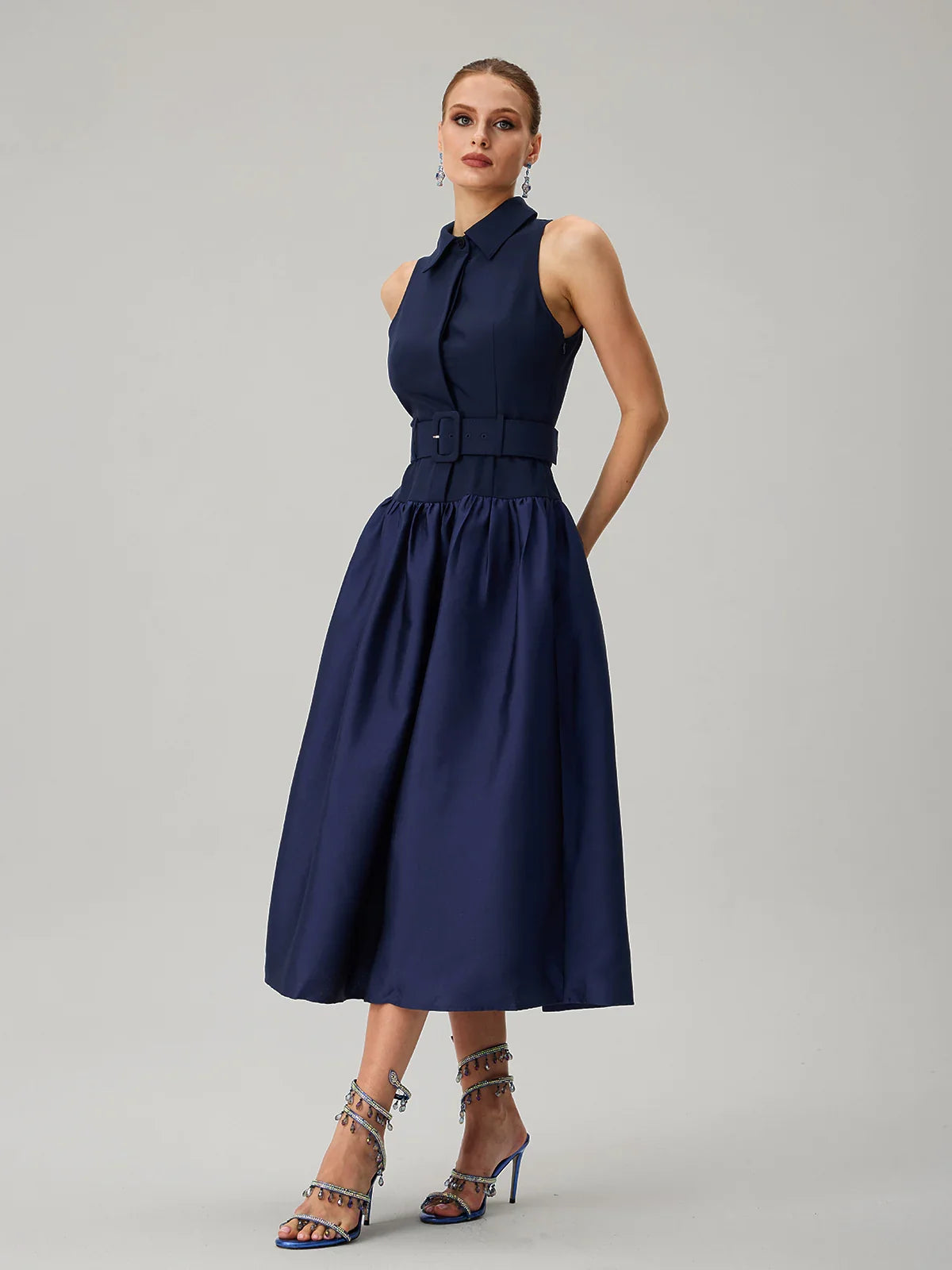 Maddie Navy Tailored Belted Midi Dress