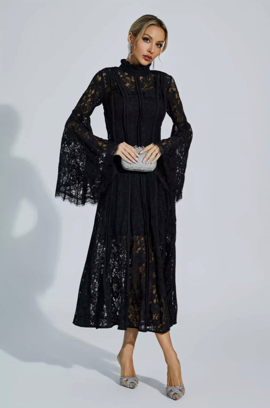 Ava black lace midi dress