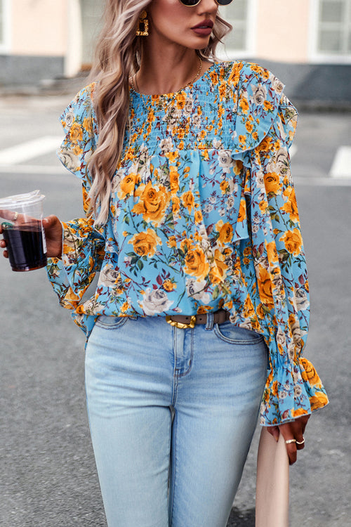 By The Garden Floral Print Long Sleeve Smocked Top - 6 Colors Blue